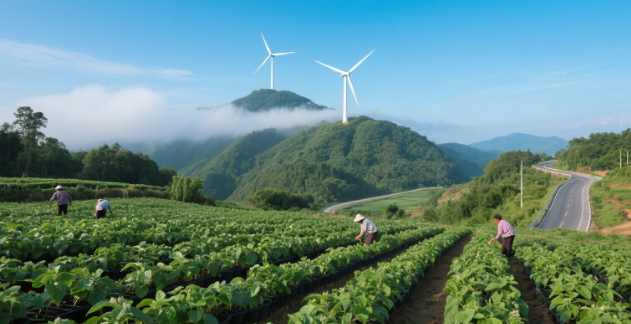 大石村的南药种植基地和风车山景观 大石村的南药种植基地和风车山景观